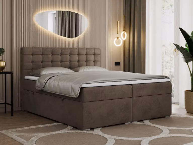 Letto con boxspring 120x200 con contenitore, letto 120x200 con materasso e topper - SUSAN - 120x200 - Marrone - Velluto - Altezza 40 cm