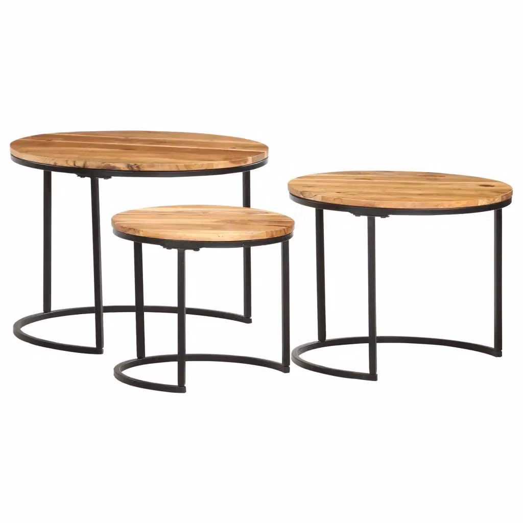 Set di 3 tavolini impilabili vidaXL in legno di acacia oliato e metallo, colore marrone – 2