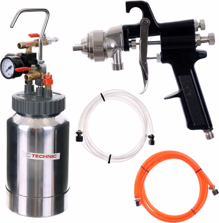 unit di verniciatura da 2 litri, pistola a spruzzo con ugello da 1,8 mm e regolatore di pressione PT-2H-2U.