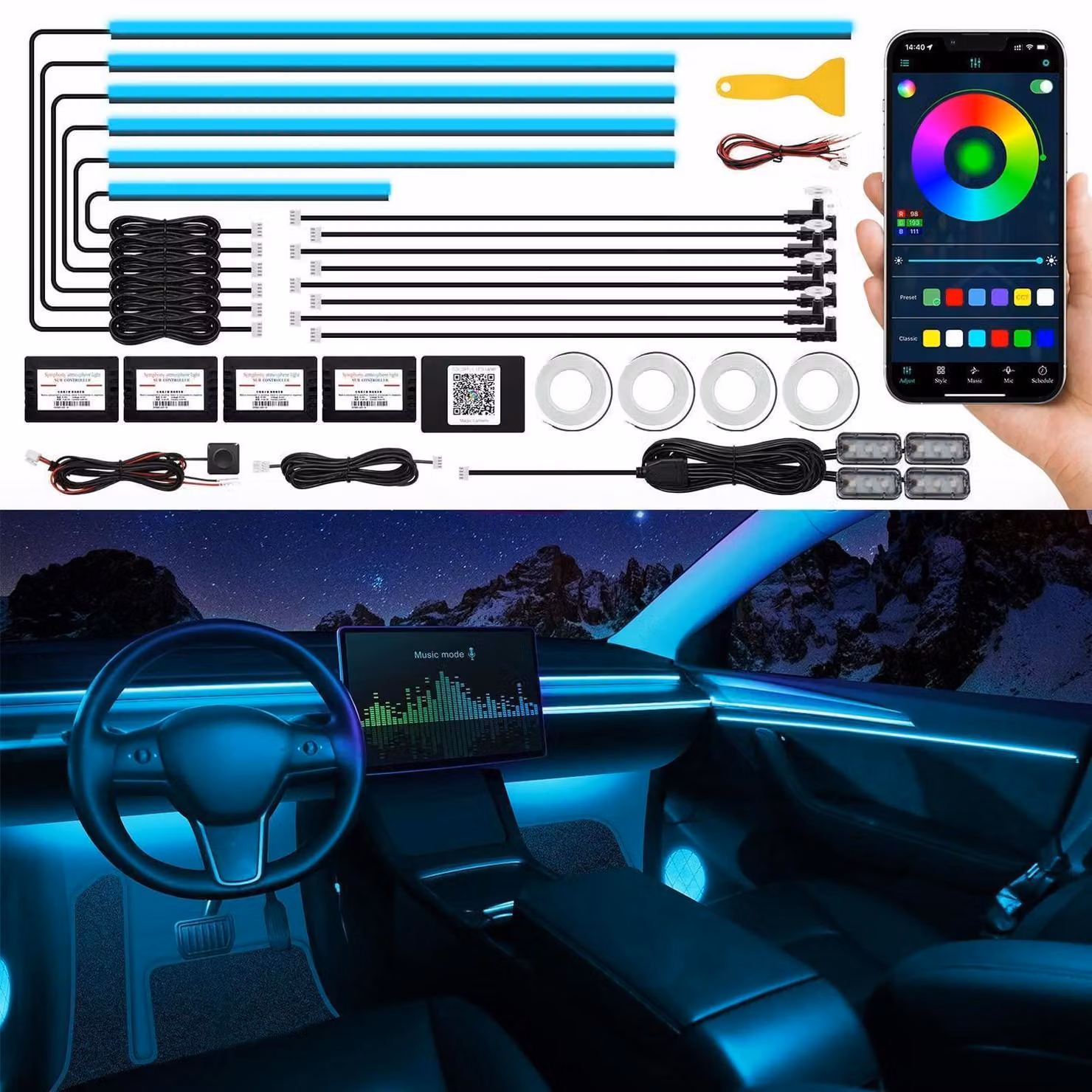 Illuminazione interna per auto a LED RGB, 22 funzioni, con controllo tramite app e funzione musicale, 175 pollici, 593 LED, 16 milioni di colori