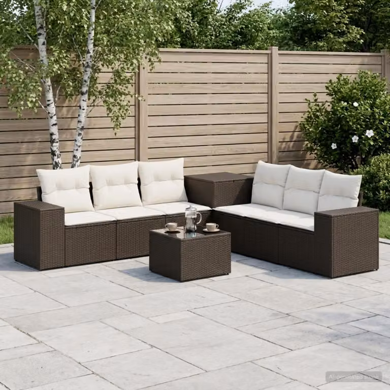 Set di divani da giardino vidaXL in polyrattan nero, bianco e beige con cuscini inclusi e tavolino da esterno