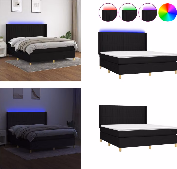 vidaXL Letto a molle con materasso e LED in tessuto nero 160x200 cm - Letto a molle - Boxspringbetten - Bett - Schlafzimmermöbel