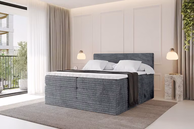 Letto boxspring ALTDECOR - TOLO-v1 KING 180x200 in velluto a coste - Grigio scuro - Set completo con materassi H3 e H4 e topper, letto imbottito con cassetti, rete a doghe, letto con contenitore, letto matrimoniale, letto a cassettone