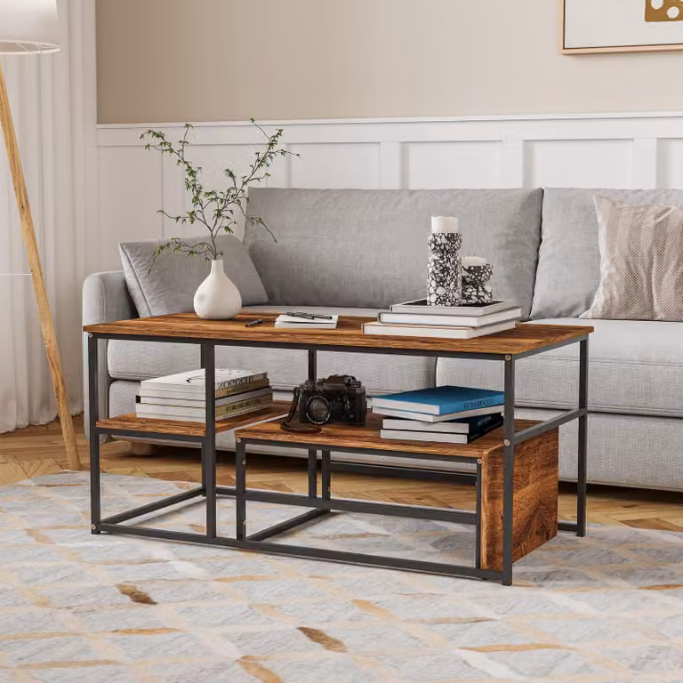 UnboxG tavolino quadrato 52x105x48,5 cm, tavolino da salotto in legno con gambe in metallo nero, tavolino moderno per soggiorno e ufficio