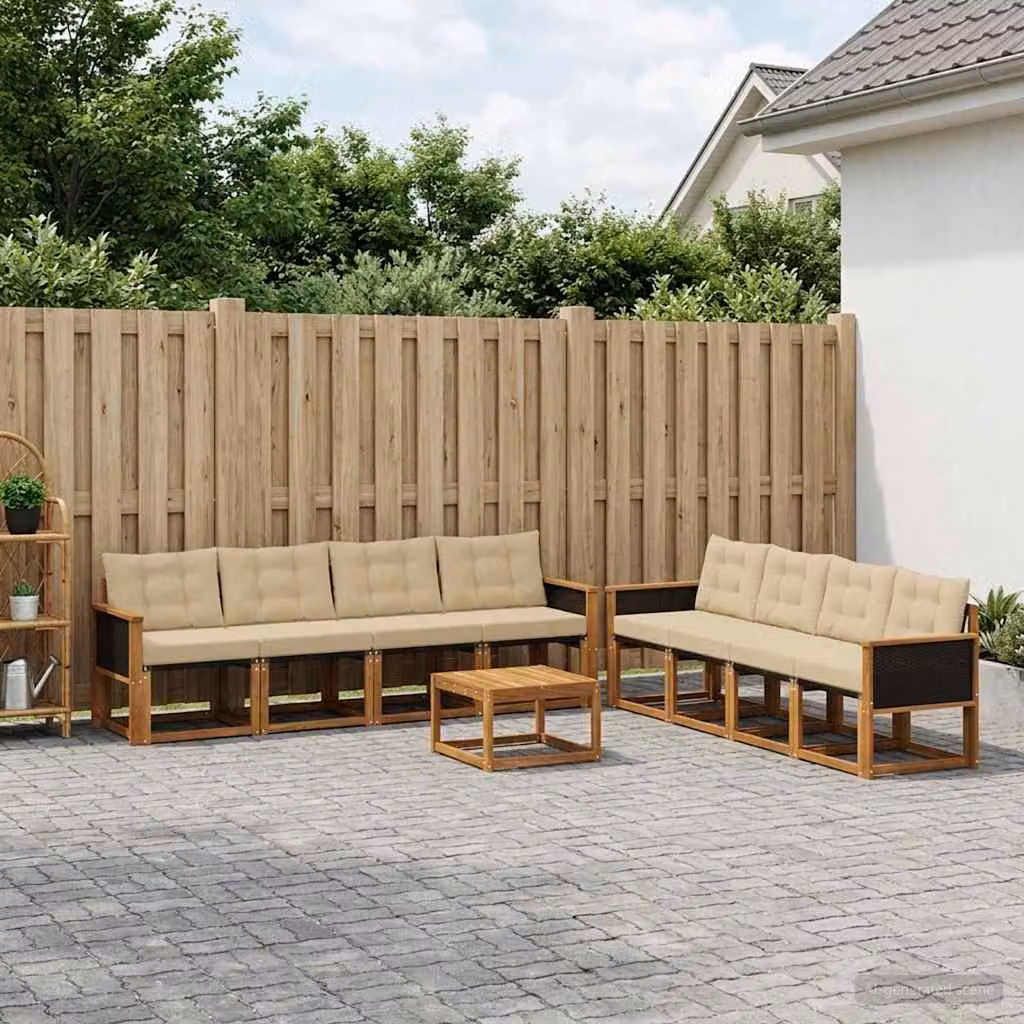 Set di divani da esterno vidaXL 9 pezzi in legno di acacia con tavolino e cuscini, colore beige e marrone