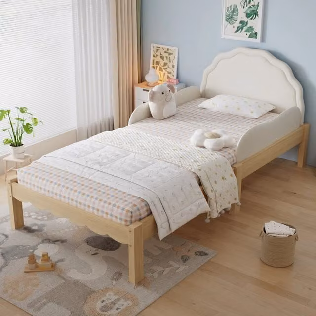 Letto imbottito per bambini WISHDOR con testiera in ecopelle e sponde laterali, struttura in legno massello, Beige/Naturale, L/P/H: 200 x 90 x 82 cm