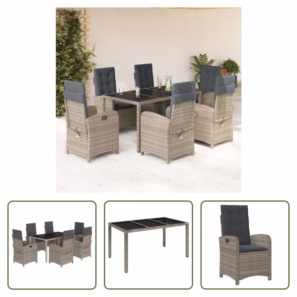 The Living Store Set da pranzo da giardino 7 pezzi con cuscini in poly rattan grigio