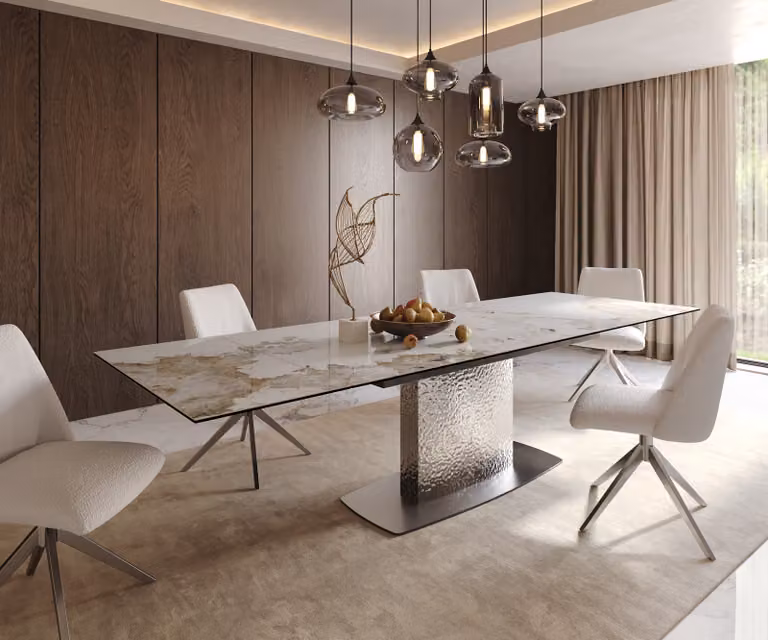 Tavolo da pranzo DELIFE Edge, dimensioni 200-300x100 cm, piano in Vetroceramica Minas Melange bianco-beige, struttura in acciaio inossidabile, allungabile