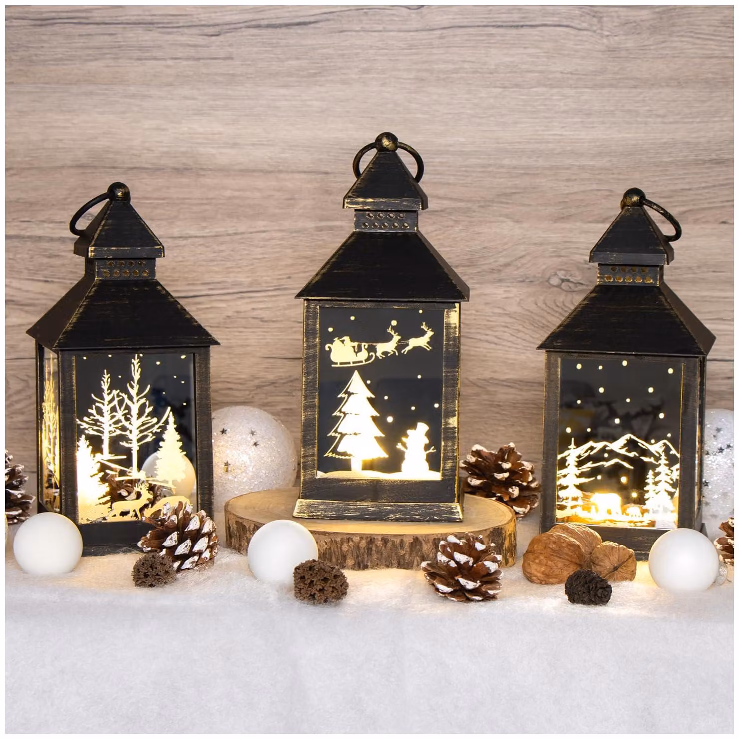 Set di 3 lanterne a LED con timer, finitura effetto specchio, luce bianco caldo