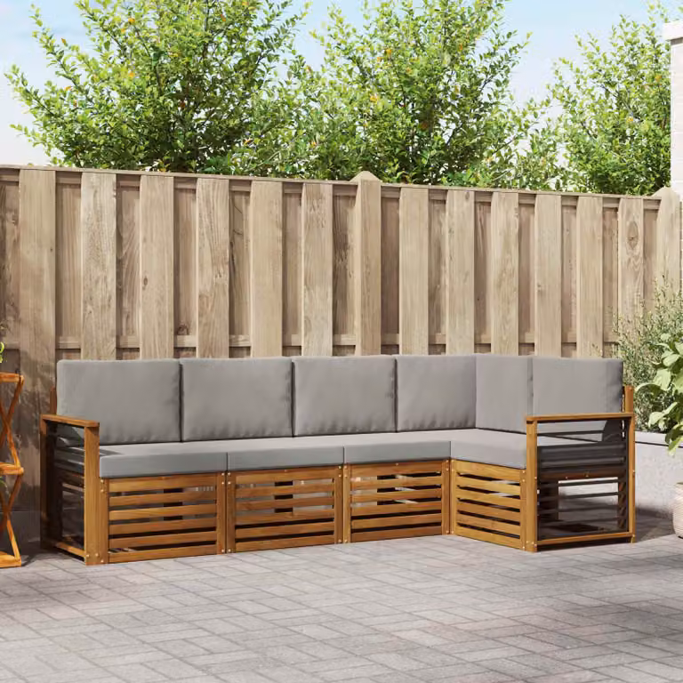 Set di divani da esterno a L vidaXL in legno di acacia con cuscini, 5 pezzi, Grigio e Bianco