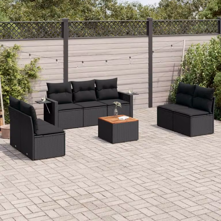 vidaXL Set Divani da Giardino 8 pz in Polyrattan Nero con Cuscini e Tavolino da Esterno