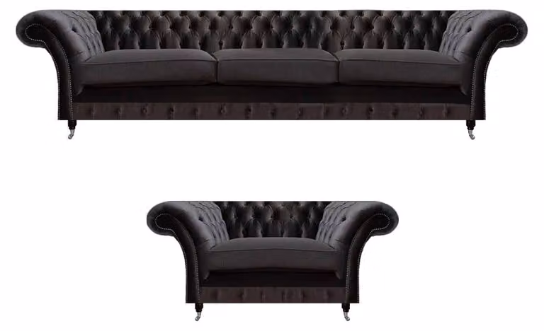 Edle Schwarze Chesterfield Garnitur Moderner Dreisitzer Textil Sessel