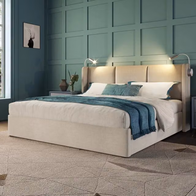 Letto matrimoniale contenitore 160x200 cm; testiera con luce da lettura e USB; lino beige (Senza materasso)