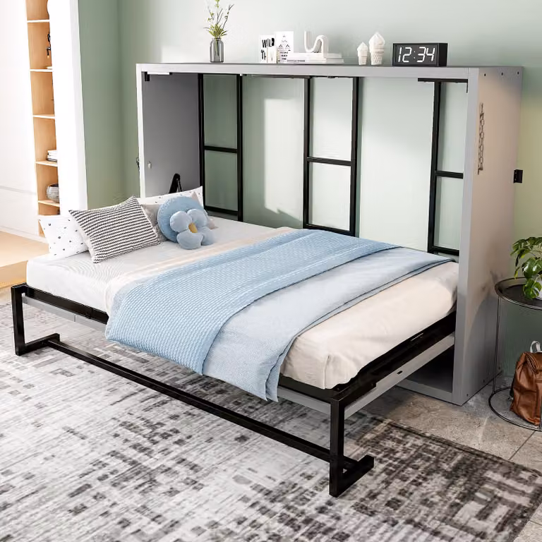 Letto a scomparsa MODFU 140 × 200 con struttura ribaltabile a muro, letto per ragazzi con vano contenitore, letti aggiuntivi in metallo con piano in legno, senza materasso, grigio