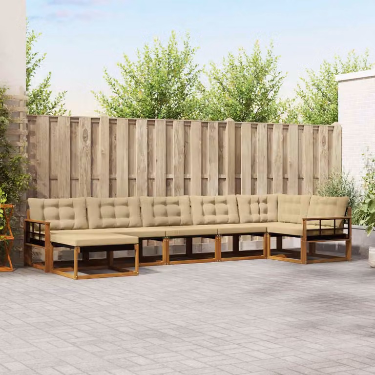 Set di divani da esterno vidaXL a forma di L composto da 7 pezzi in legno di acacia con cuscini beige e marrone per giardino e terrazza