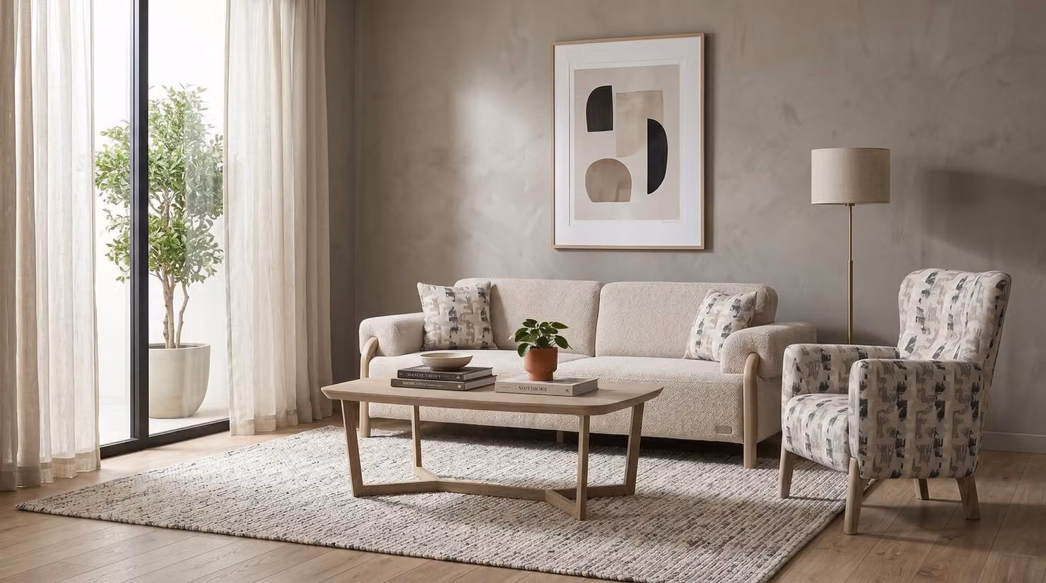 Divano, poltrona, tavolino da caffè, beige, tessuto bouclé, design moderno, set