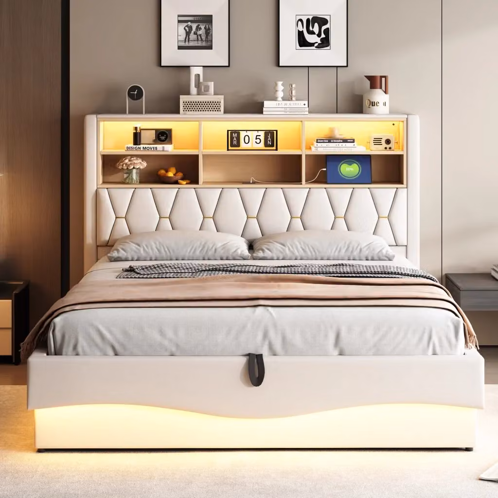 Letto contenitore matrimoniale OKWISH imbottito beige con illuminazione LED sotto il letto, porta USB e vano contenitore, L/P: 180 x 200 cm – 2