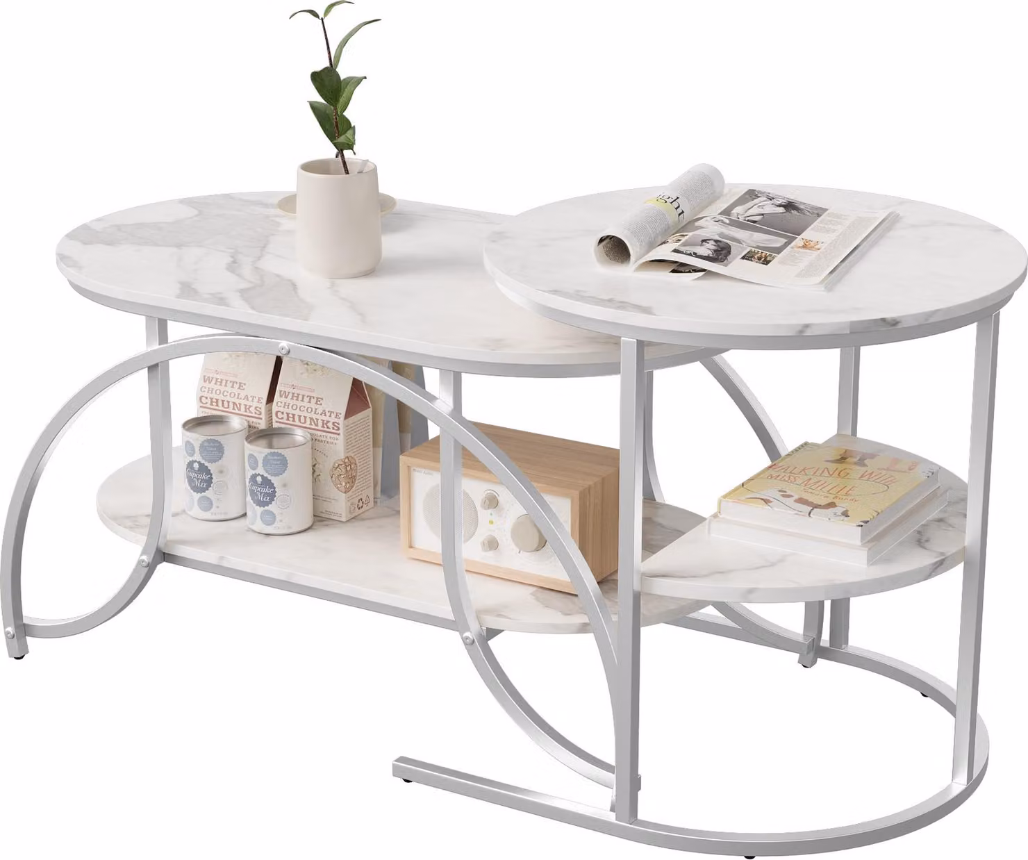 ProximaX Tavolino moderno con piano in marmo bianco e gambe in metallo argentato - elegante tavolino da salotto con struttura robusta e design elegante