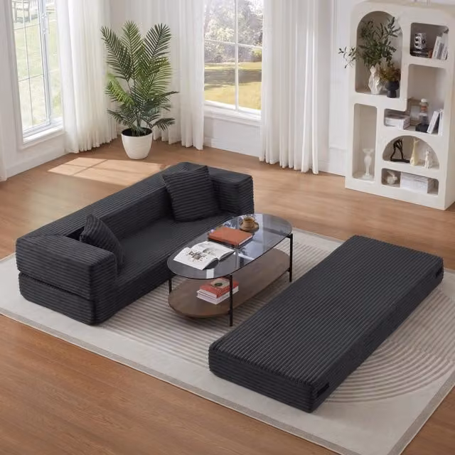 Desviae Divano letto in schiuma con Funzione letto e Tessuto a coste, Grigio scuro