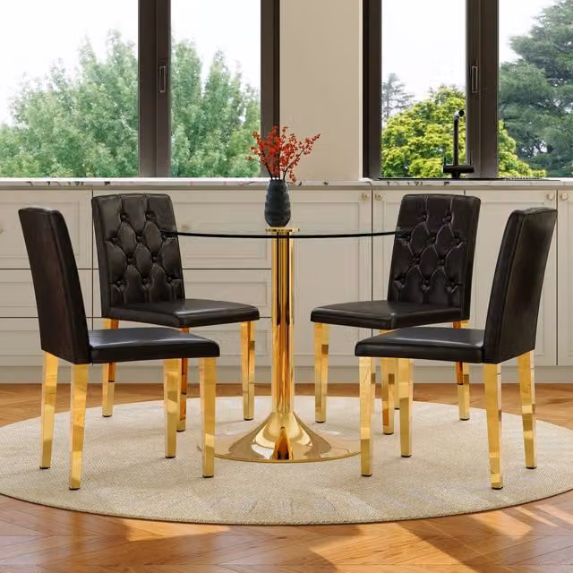 Set tavolo e sedie con tavolo rotondo e 4 sedie imbottite per sala da pranzo, in vetro e metallo nero e oro