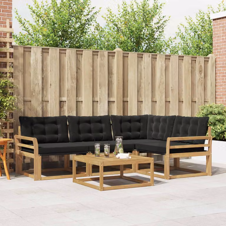 Set di divani da esterno vidaXL a forma di L con tavolo da caffè, struttura in legno di acacia trattato e cuscini in tessuto textilene, bianco, nero e marrone