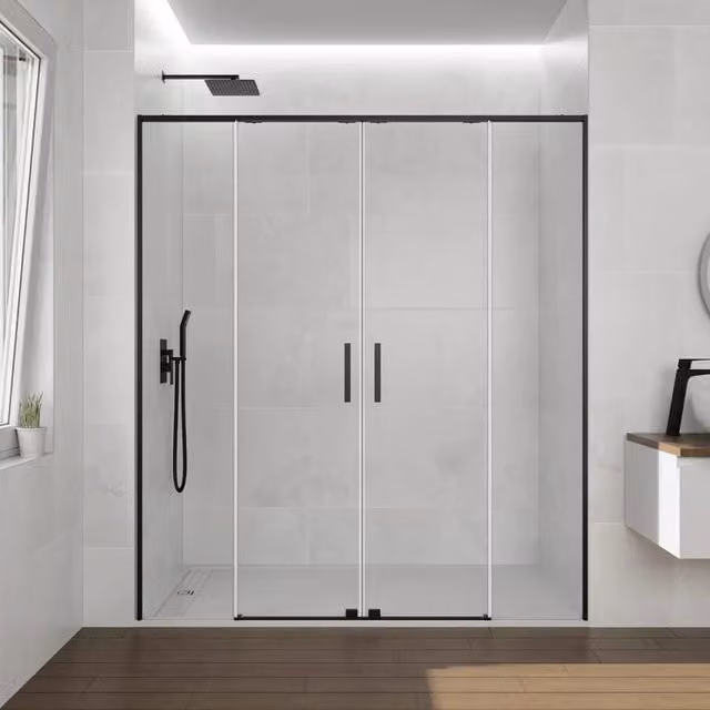 Box doccia rettangolare DUCHA TWENTY 2 con 2 ante fisse e 2 scorrevoli, L: 160 cm, Vetro trasparente e finitura nero opaco
