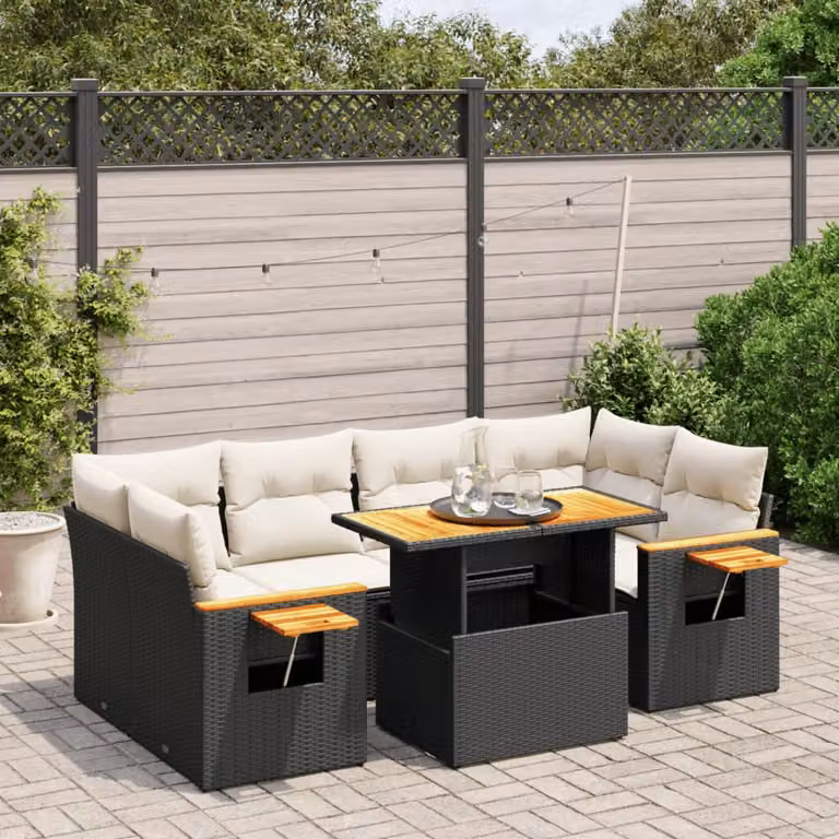 vidaXL Set Divani da Giardino a L con Cuscini 7pz in Polyrattan Nero e Bianco