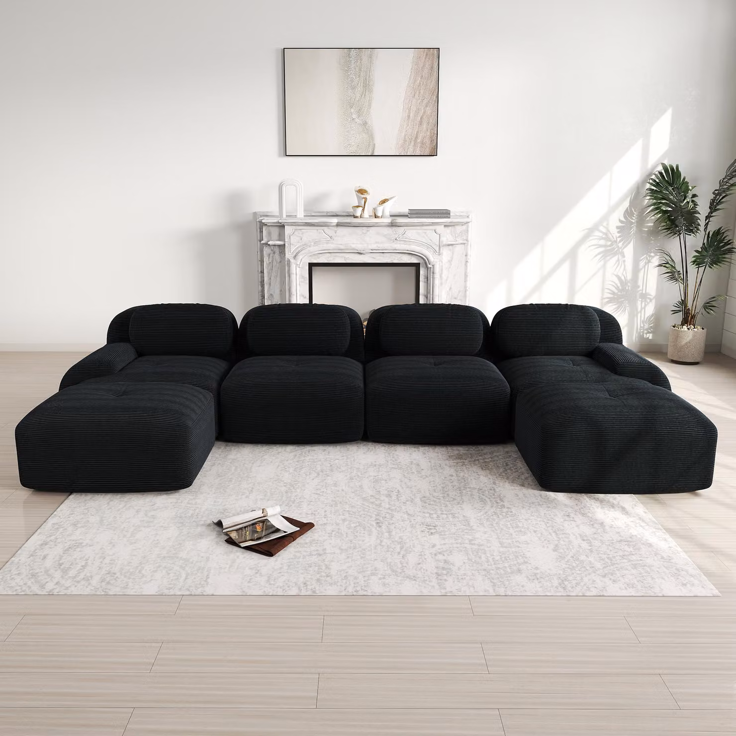 Divano a U modulare Sweiko senza montaggio, tessuto in velluto a coste traspirante, imbottitura altamente elastica 32D, braccioli extra larghi, adatto agli animali domestici ed ergonomico per il soggiorno e la camera da letto, Nero