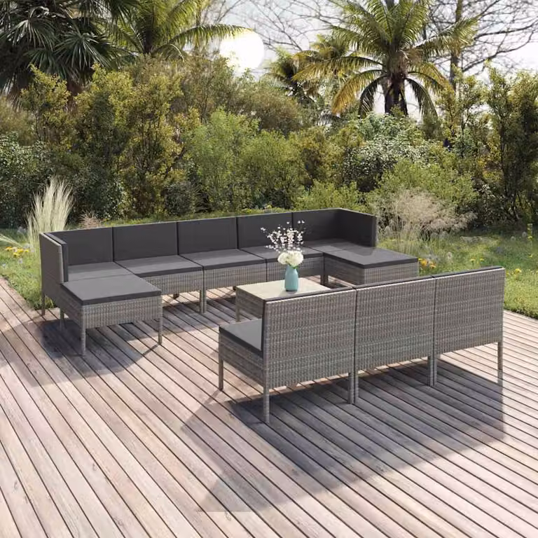 Set Divani da Giardino vidaXL 11 pz in Polyrattan Grigio Antracite con Cuscini e Tavolino
