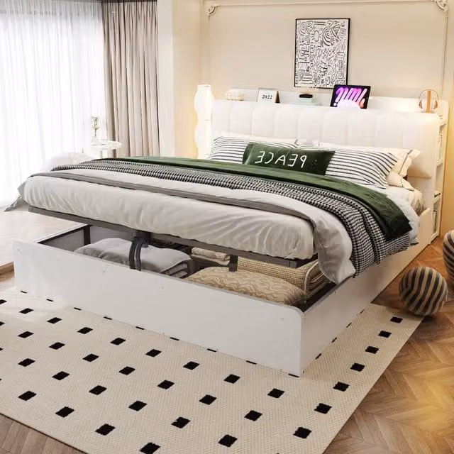 Letto contenitore 180 × 200 cm con testiera con ripiani, USB e luce notturna, senza materasso, in legno bianco