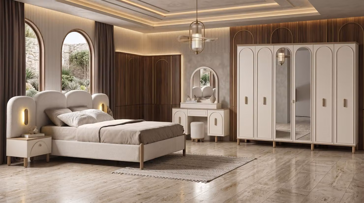 Set di mobili da camera da letto color beige: letto moderno, testiera, armadio, comò da trucco
