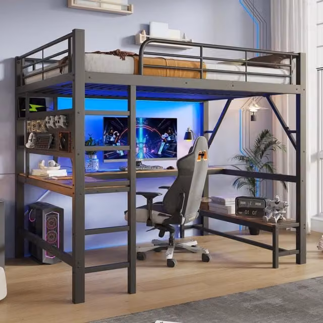 Desviae Letto a soppalco 160 × 200 cm con scrivania LED USB tipo C in metallo e MDF nero con ripiani e pannello forato