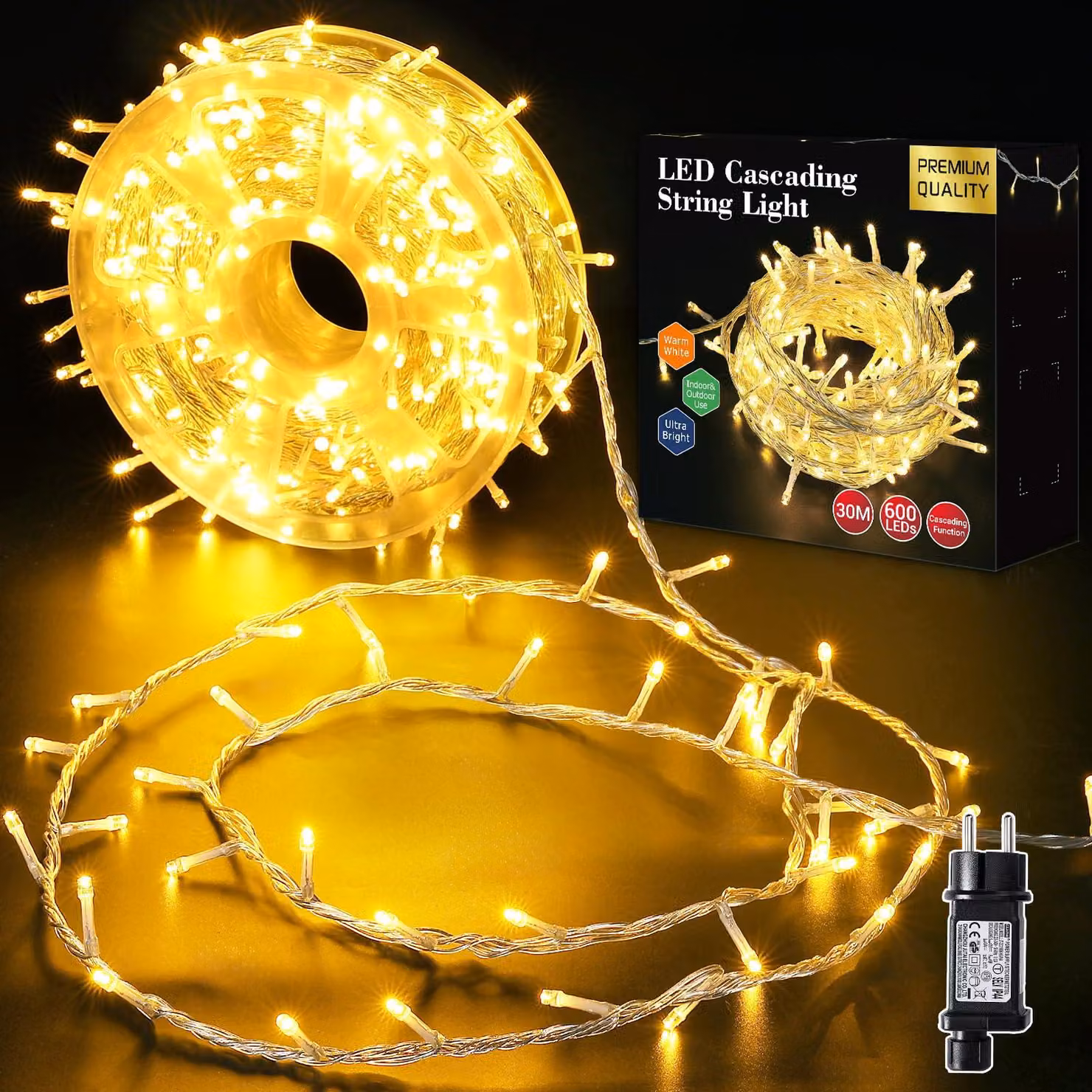 Catena luminosa a LED, luce bianco caldo, 30 metri, 600 LED, grado di protezione IP65, 9 modalità
