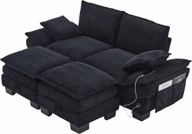 Divano modulare a 2 posti in corda con 2 pouf, colore nero, imbottitura in schiuma ad alta densità, con porta USB-C e tasche laterali, 190x132x84 cm