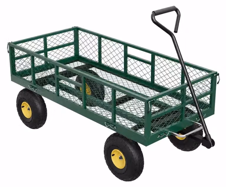 Carrello da giardino – Carrello ribaltabile in acciaio per giardino e cortile – Funzione di ribaltamento – Pareti grigliate removibili – Capacità di carico: 408 kg – Pneumatici da 25 cm – Colore: verde