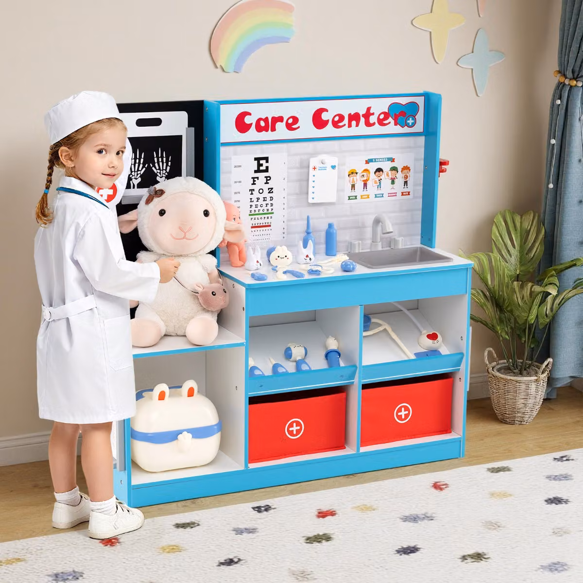 Set Giocattolo Medico in Legno Costway per Bambini con Monitor ECG e Radiografie, Blu