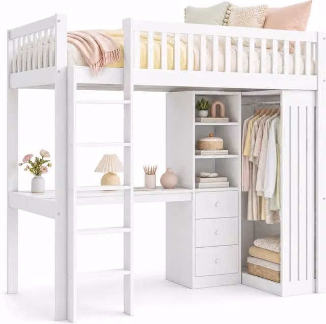 Letto a soppalco singolo REDOM con scrivania, armadio, cassetti e scala, bianco, L/P/H: 205 x 90 x 180 cm