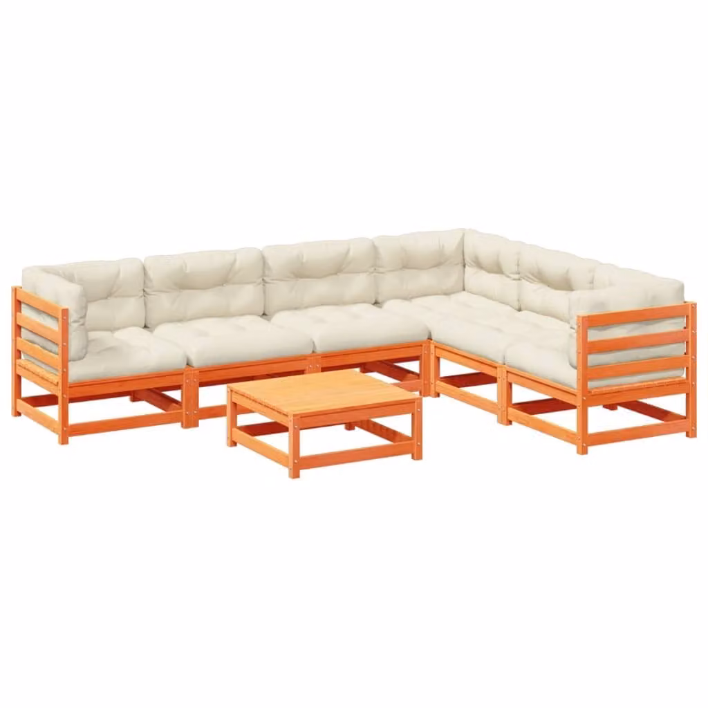 Set Divani Giardino 7 pz con Cuscini Marrone Cera Massello Pino