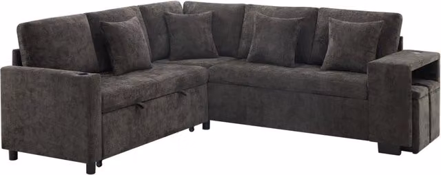 Divano angolare letto a forma di L con spazio contenitore, porta USB e USB-C, rivestimento in chenille grigio, con pouf e cuscini