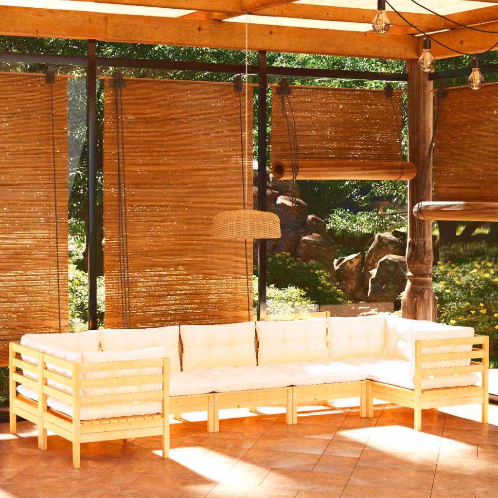 The Living Store Set da salotto da giardino 7 pezzi con cuscini crema legno di pino