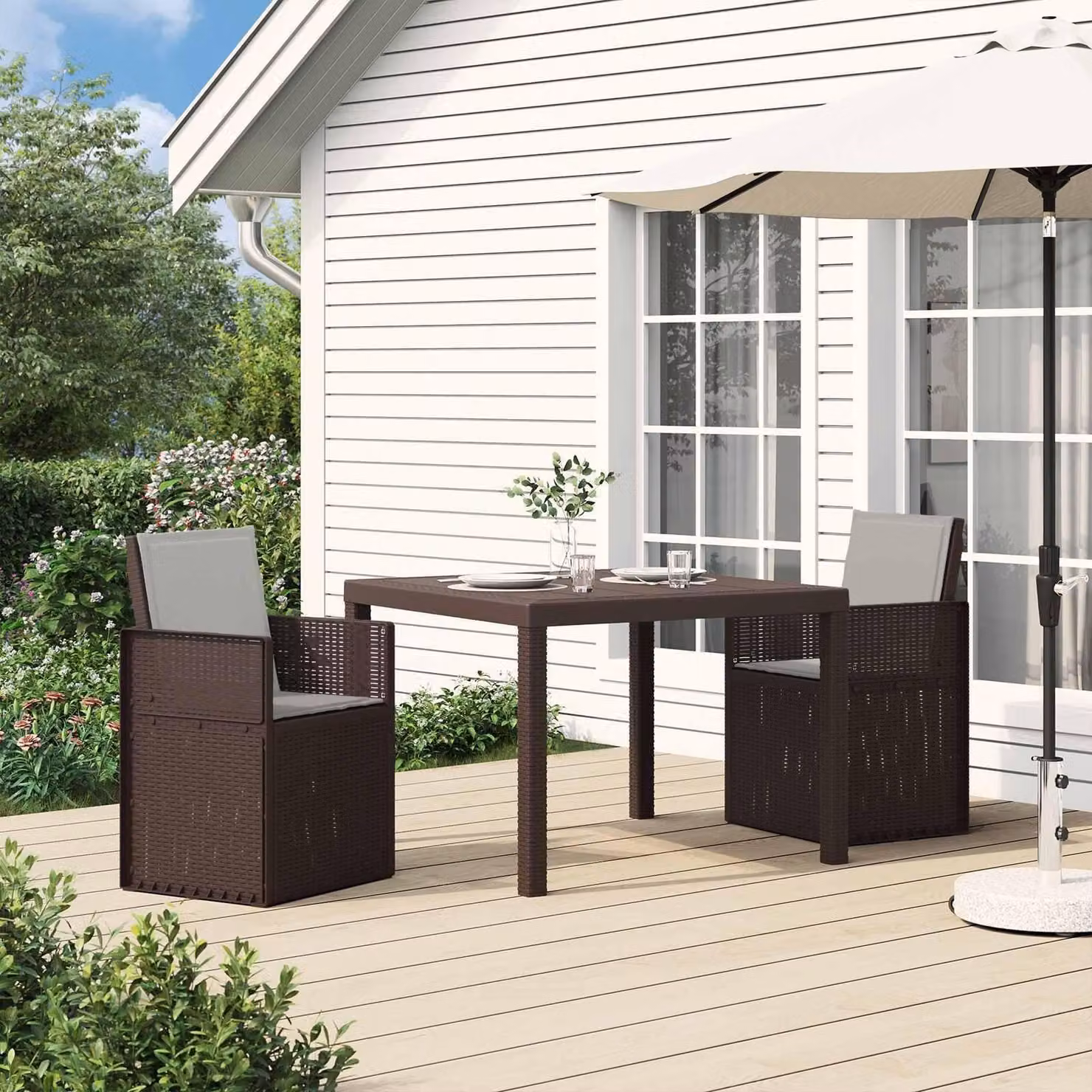 Maison Exclusive - Set da pranzo per esterno con cuscini, 3 pezzi, color marrone e grigio chiaro, in materiale PP