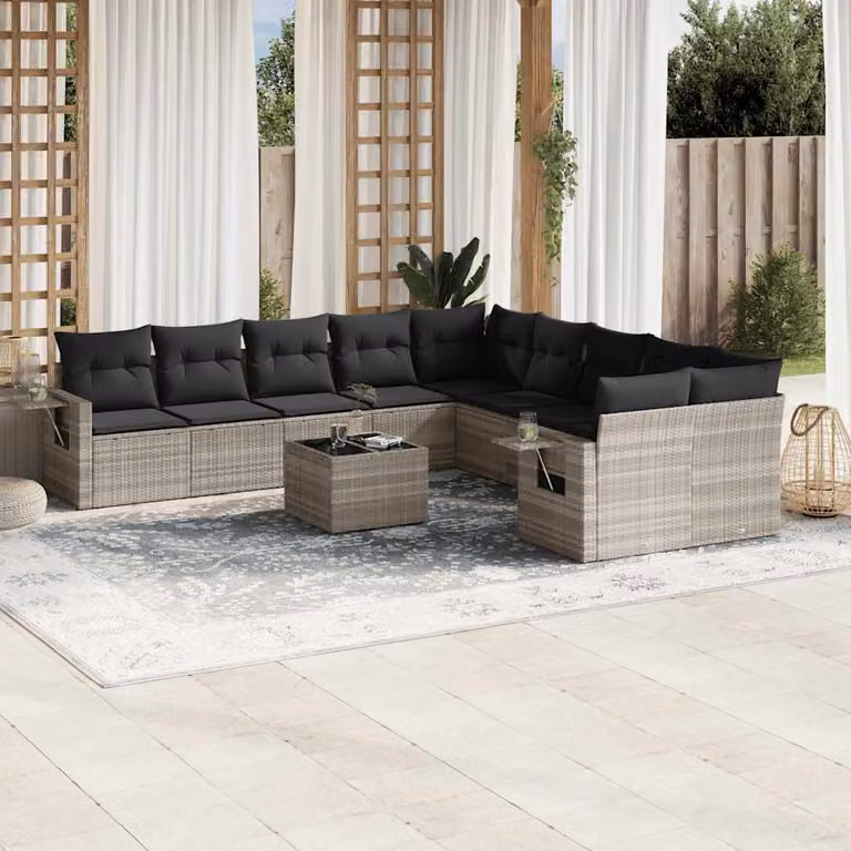 Set di divani da giardino vidaXL 11 pz in polyrattan grigio antracite con cuscini e tavolino da esterno a forma di L