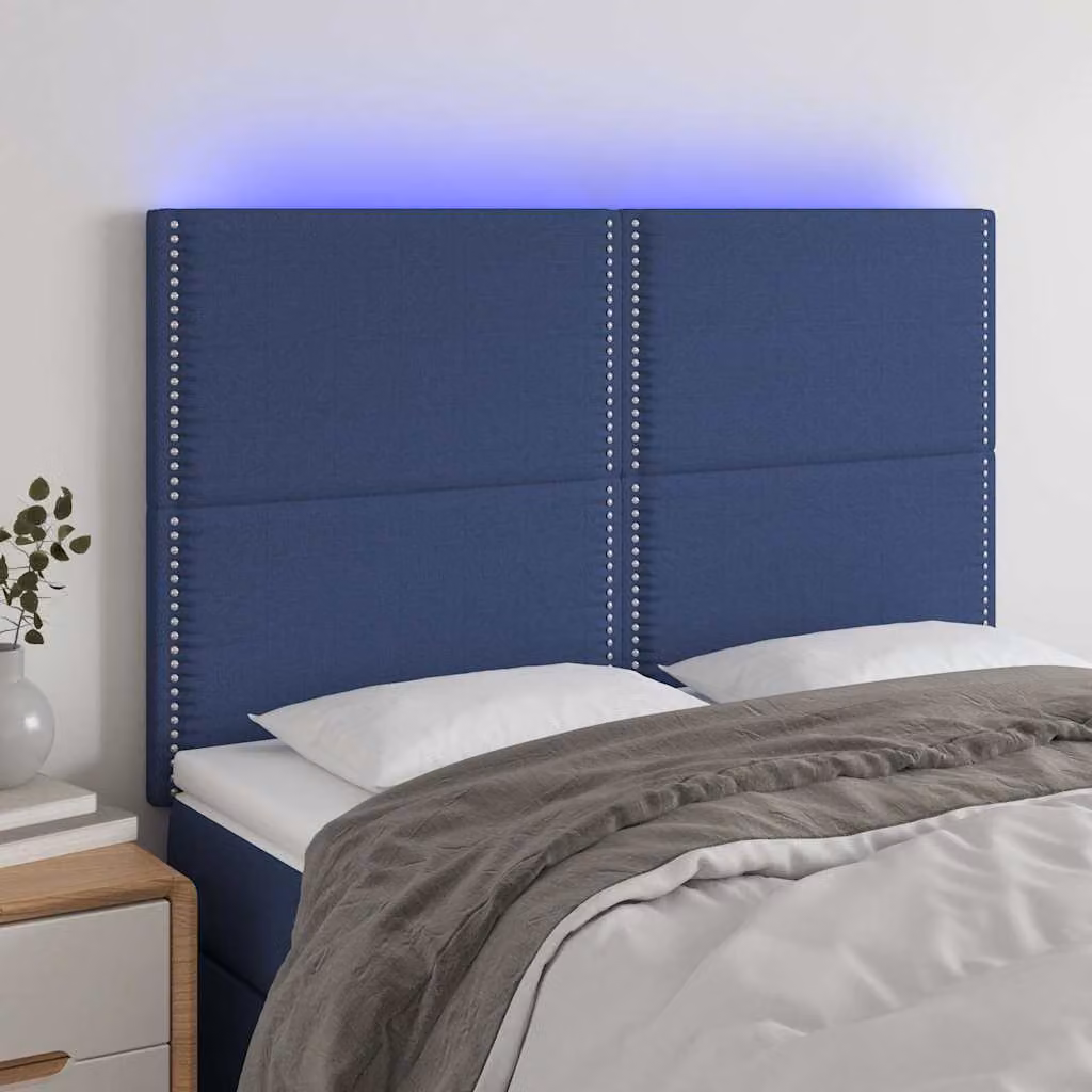 Testiera per letto vidaXL in tessuto blu con illuminazione LED integrata e porta di ricarica USB, L: 144 cm, P: 5 cm, H: 118-128 cm