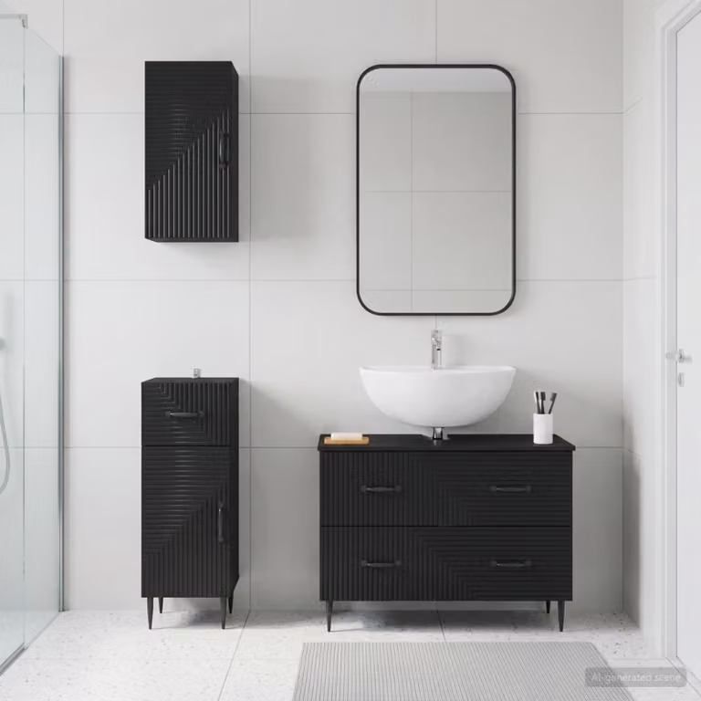 Set di armadietti da bagno moderni vidaXL HAARLEM in 3 pezzi, colore nero opaco, con mobile lavabo, pensile e mobile laterale in legno e MDF