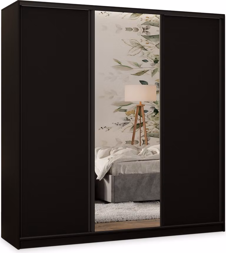 Armadio scorrevole Masseno TARI 200/205/58 cm Armadio con 4 cassetti Armadio per camera da letto a 3 ante con specchio Nero
