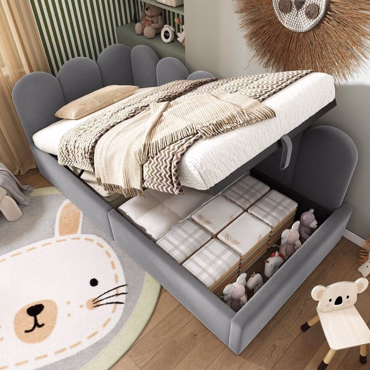 Letto imbottito Daybett 90 x 190 cm Grigio con vano contenitore idraulico Velluto senza materasso