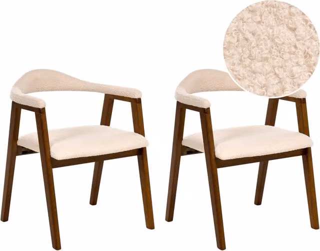 Set di 2 sedie da pranzo Marrone scuro Seduta imbottita Schienale Boucle Poliestere Gomma Struttura in legno Stile retrò Sala da pranzo
