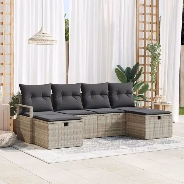 Set di divani da giardino vidaXL a forma di U con 6 posti, colore grigio, in rattan e metallo con cuscini inclusi – 1