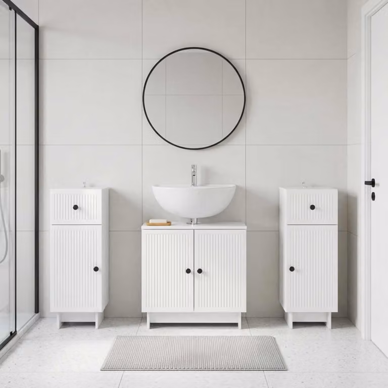 Set di mobili da bagno vidaXL EDE in 3 pezzi, bianco lucido, design minimalista