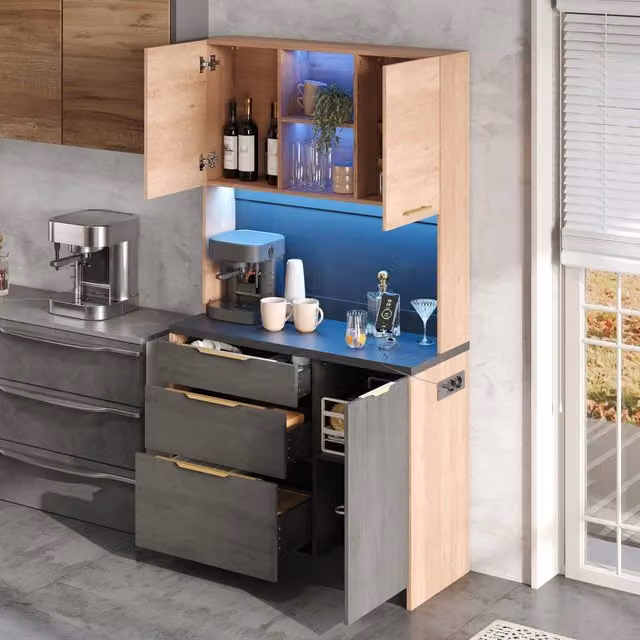 Mobile colonna da cucina con tre cassetti LED regolabili presa europea piano nero MDF finitura neutra